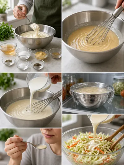 Four-panel preparation guide for a coleslaw dressing recipe with measured ingredients, whisking, chilling, and tossing with shredded vegetables.