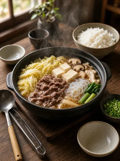 Sukiyaki arranged for self-service with beef, tofu, noodles, vegetables, rice, and sliced scallions