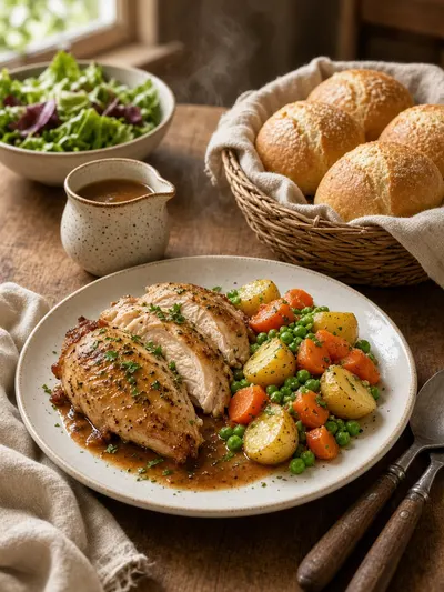 sunday dinner ideas plated chicken meal with vegetables, salad, rolls, and sauce