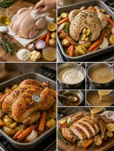 sunday dinner ideas shown in a four-panel collage with chicken preparation, roasting vegetables, gravy making, and a plated family meal