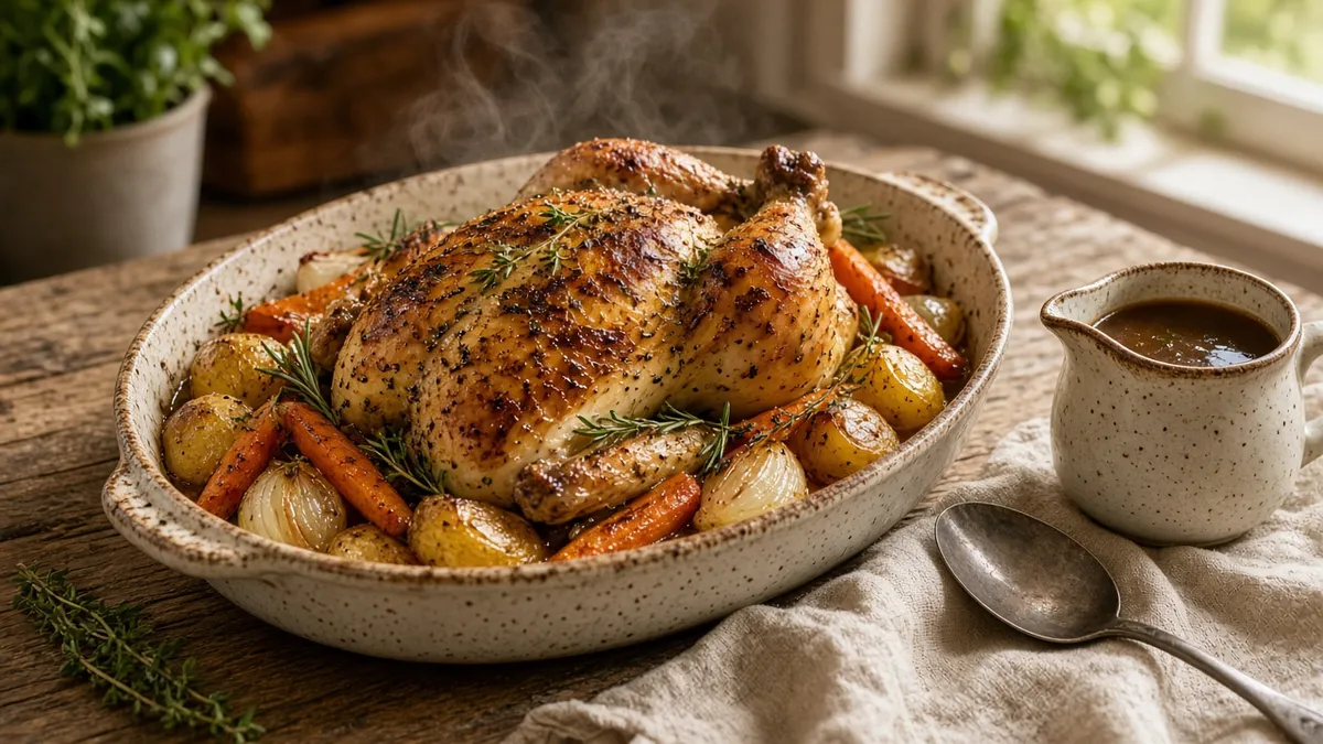 Sunday dinner ideas featuring herb-roasted chicken, golden potatoes, carrots, and savory gravy on a farmhouse table