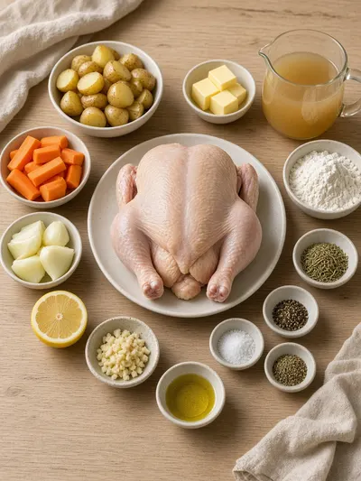 sunday dinner ideas ingredient arrangement with whole chicken, vegetables, herbs, lemon, butter, flour, and broth