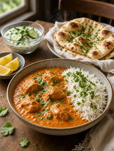 Tikka masala served with basmati rice, naan, cucumber yogurt salad, cilantro, and lemon wedges