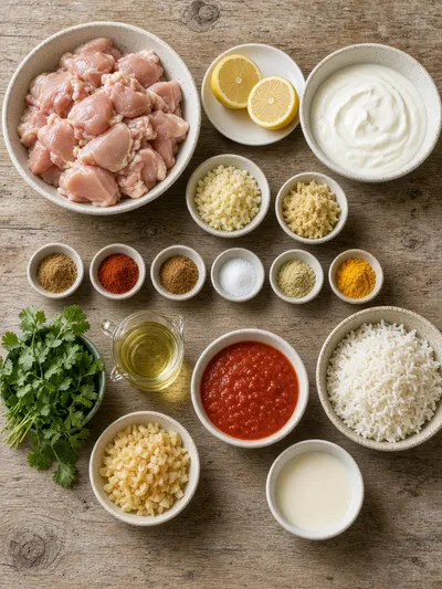 Ingredients arranged on a kitchen table for tikka masala, including chicken, yogurt, spices, tomatoes, cream, cilantro, and basmati rice