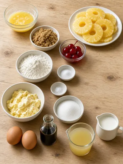 Ingredients arranged on a kitchen table for upside down pineapple baking