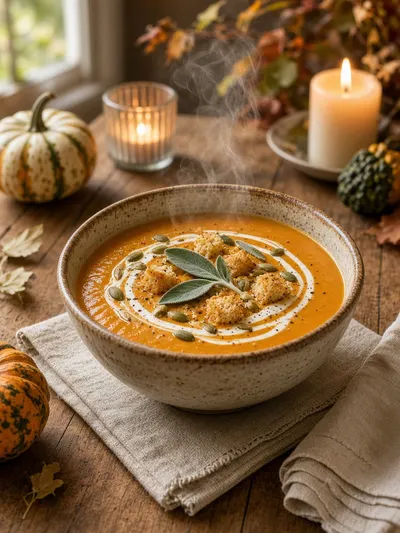 Pumpkin soup in a ceramic bowl with sage, pepitas, croutons, and autumn table accents