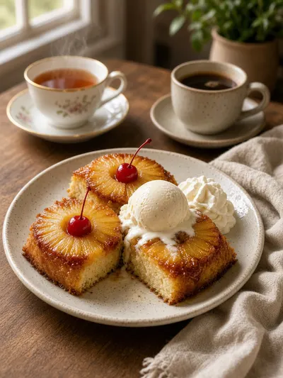 Warm upside down pineapple slices with vanilla ice cream, whipped cream, cherries, coffee, and tea on a dining table.
