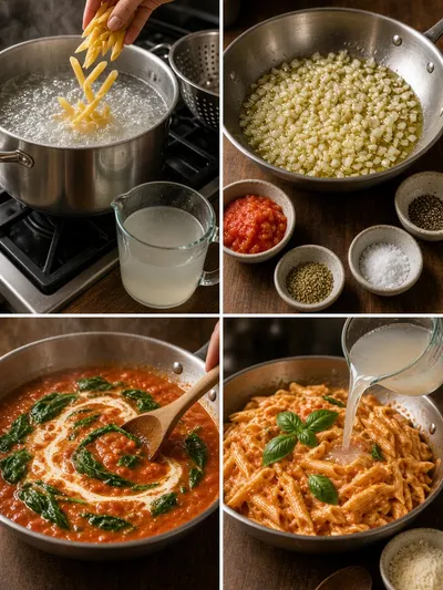 Four-step skillet cooking scene for easy pasta recipes for dinner, showing boiling penne, sautéed aromatics, spinach sauce, and finished noodles.
