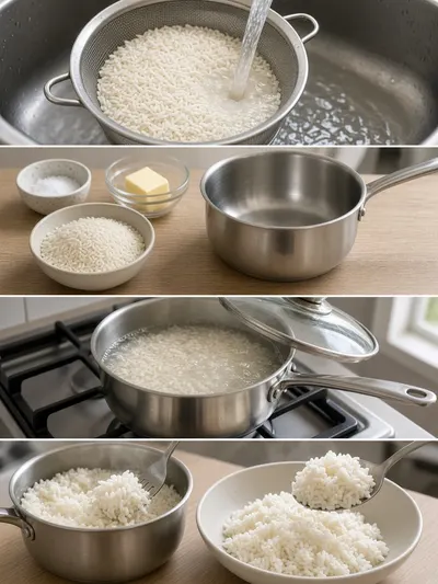Four-step visual guide for a white rice recipe, from rinsing rice to simmering, resting, and fluffing it with a fork.