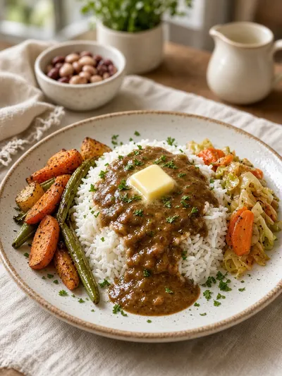 White rice recipe plated with gravy, vegetables, beans, butter, and herbs for a comforting meal