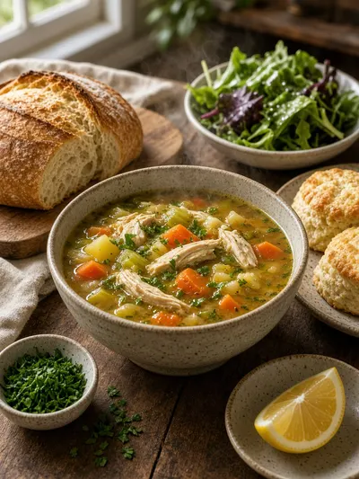 Winston soup served with bread, salad, parsley, lemon, and homemade biscuits on a welcoming dining table